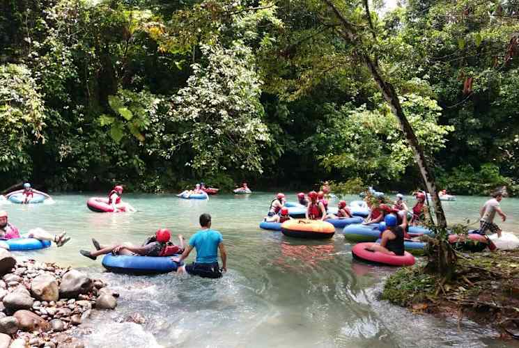 Students on rafts in a river in Costa Rica.