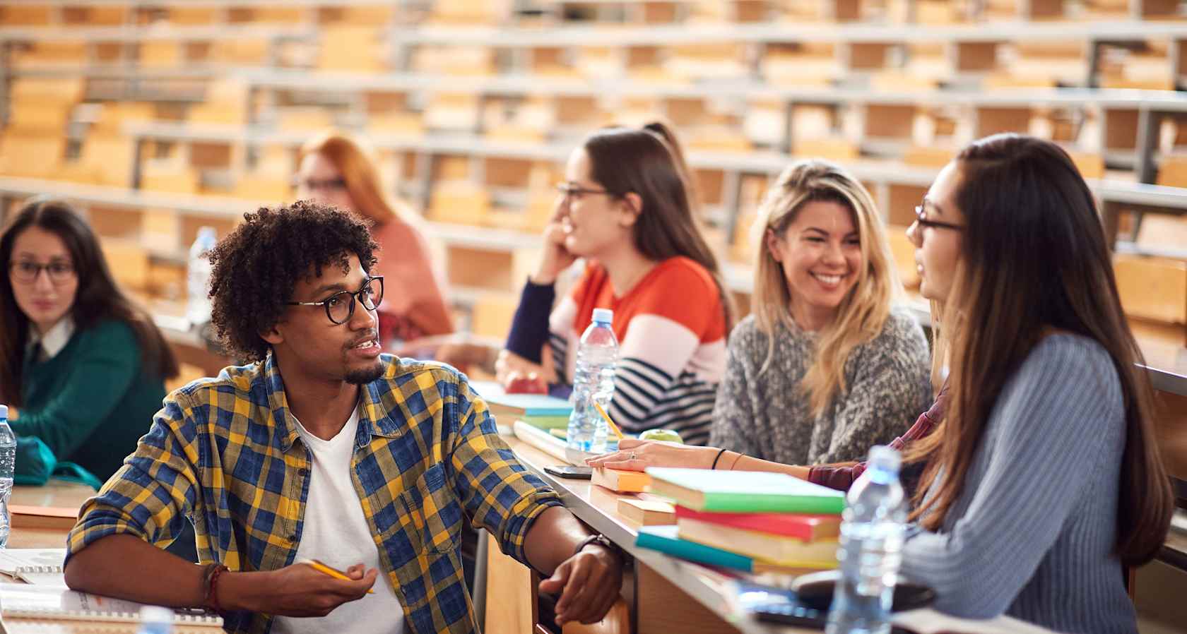 University students in a lecture hall.