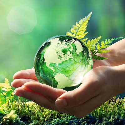 Hands holding a green globe.