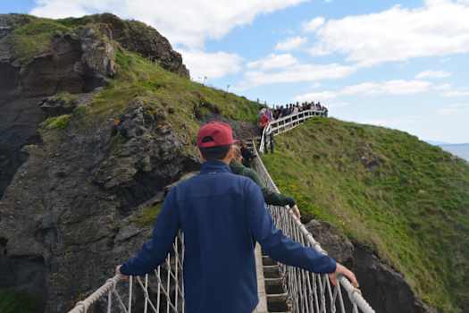 Students walking on a rope bridge.