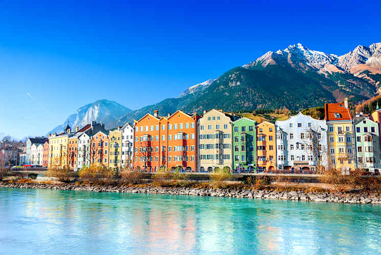 Colorful buildings on a waterfront in Innsbruck.