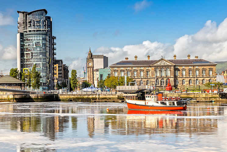 View from the Lagan River in Belfast, Northern Ireland.