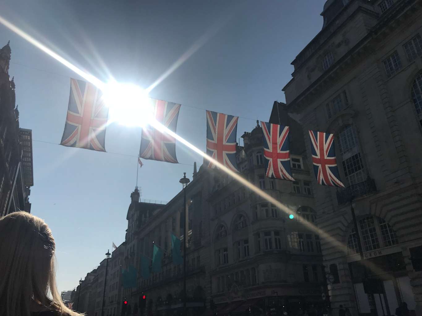 United Kingdom flags hung across a street.
