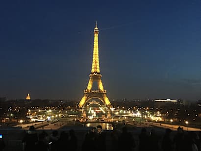The Eiffel Tower at night.