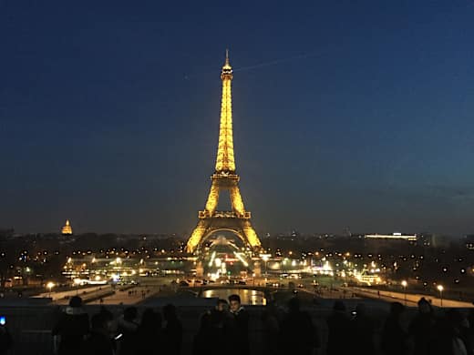 The Eiffel Tower at night.