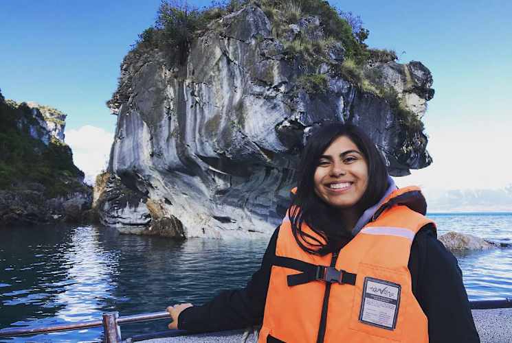 A woman wearing a life jacket.