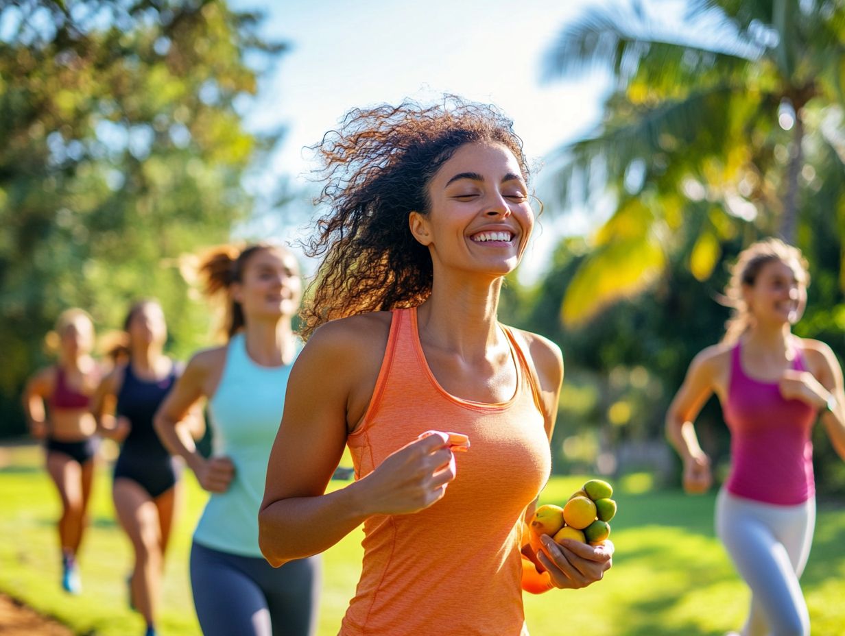 A vibrant scene of expats participating in group fitness activities while exploring local landscapes.